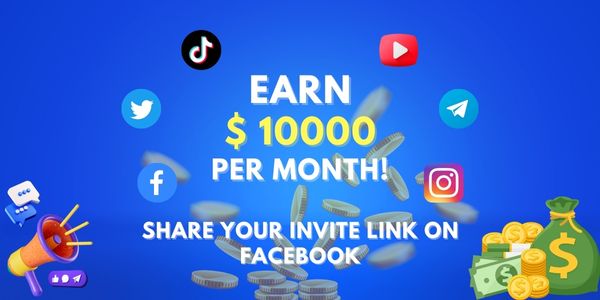 Blue referral-income advertisement with social media symbols